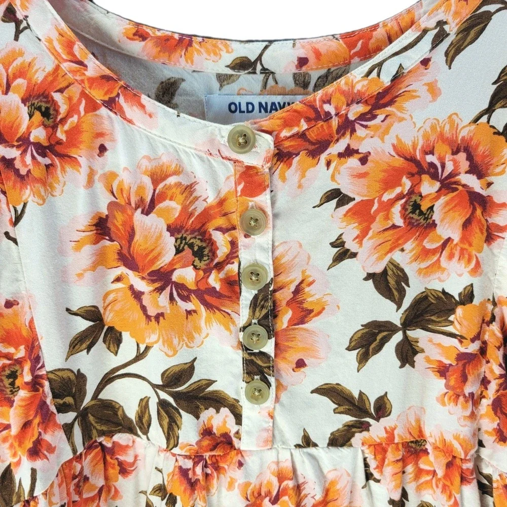 Old Navy Girls Floral Peplum Dress XS 5‎ Ivory Peach Button Front Cottagecore